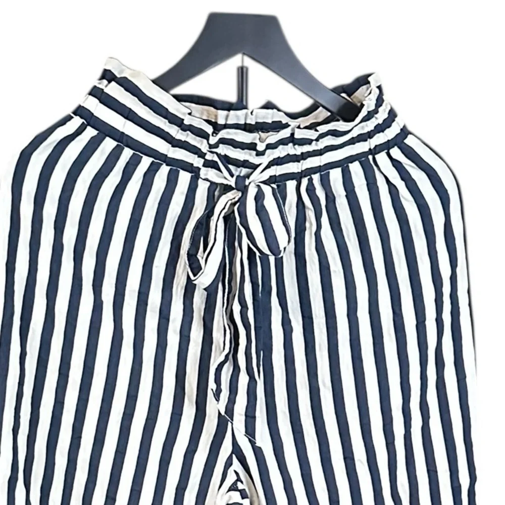 ZARA Navy White Striped Paperbag Waist Pants Size 8 - Picture 8 of 13
